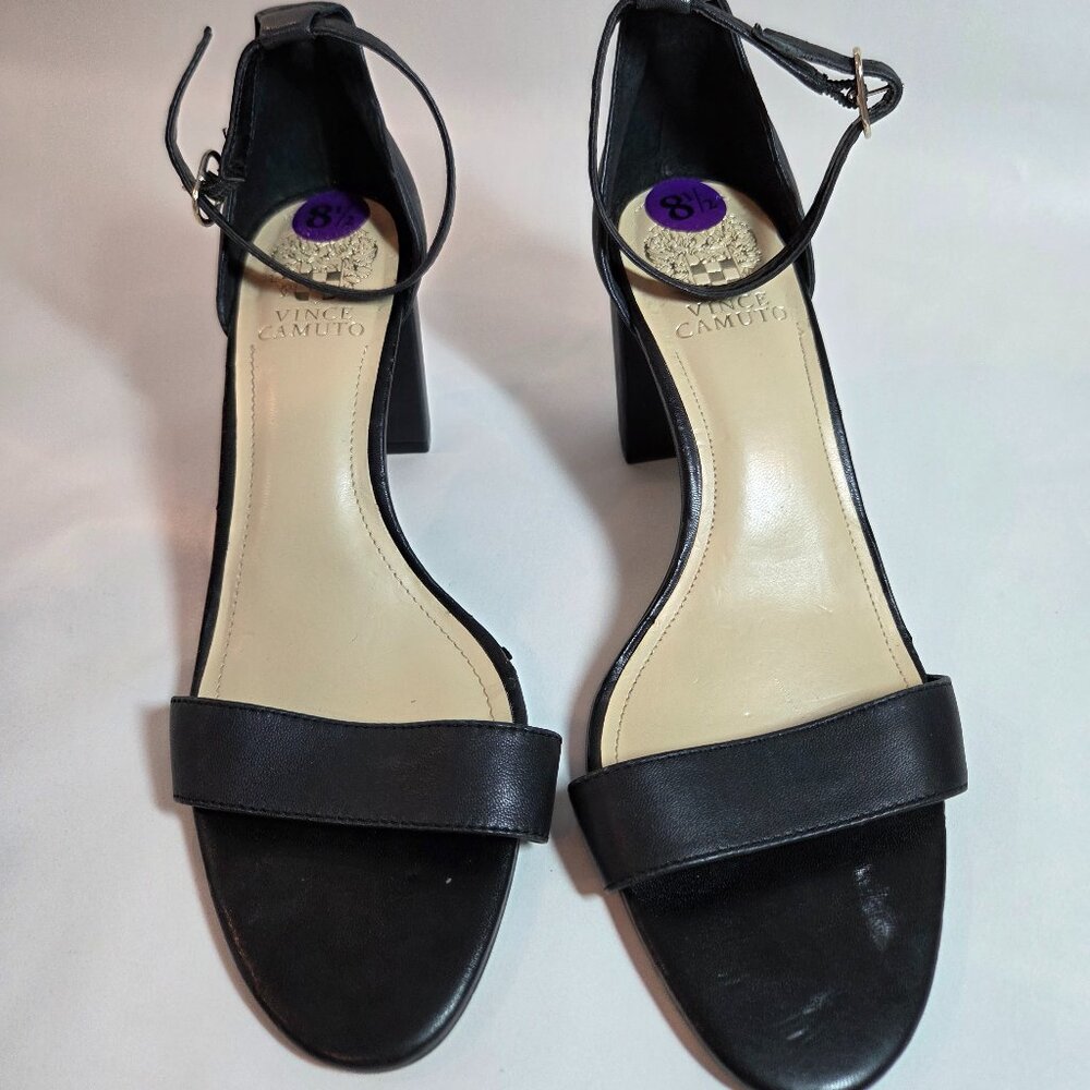 Vince Camuto VP-Monessa Black Leather Block Ankle Strap Heels Size 8.5